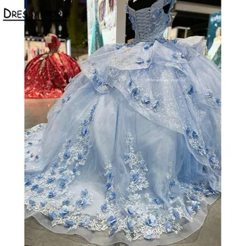 Açık Mavi Balo Quinceanera elbise Sevgiliye Aplikler Boncuk Vestido De 15 Anos Masquerade Doğum Günü Partisi Törenlerinde