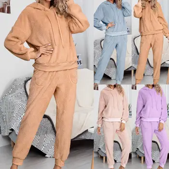Yeni Moda 2 adet Kadınlar Uzun Kollu Hoodie Kazak Pantolon Sonbahar Kış Peluş Sıcak Kıyafet Gecelik Eşofman Seti