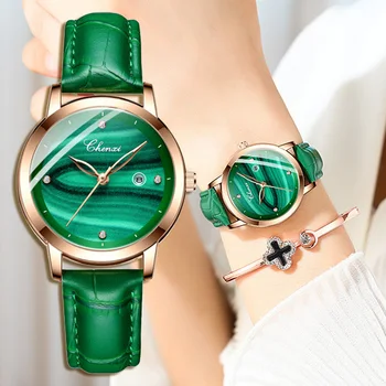Reloj Mujer 2022 Moda Chenxı Saatler Kadınlar Yeşil Saatler Benzersiz Şık Malakit Antika Deri Moda Kadın Kol Saatleri