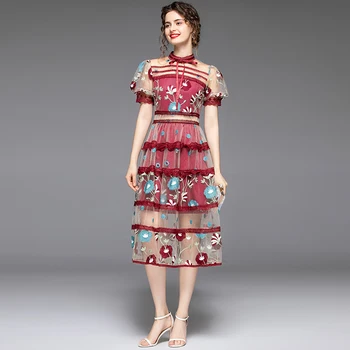 Pist Yaz Çiçek Elbise Kadın Barok Standı Yaka Nakış Dantel Midi Elbiseler Kadın Ruffles İşlemeli Çiçek Elbise Parti