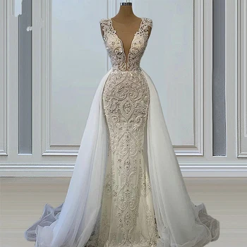 Zarif Mermaid düğün elbisesi Derin V Yaka Boncuk gelin kıyafeti Kolsuz Aplike Ayrılabilir Tül Tren Robe De mariée