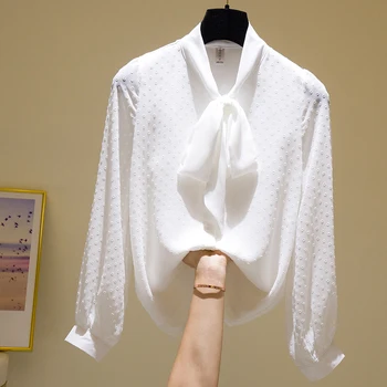 2022 Sonbahar Şifon Gömlek Casual Uzun Kollu Yay Üst Gömlek Moda Kadın Bluzlar Bayanlar Tüm Maç Yeni Blusas 23495