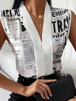 Yaz Kadın Gazete Baskı Kırpma Üst 2022 Yeni Femme Şifon kolsuz yelek Ofis Bayanlar Kıyafetler Katı Zarif Tunikler traf