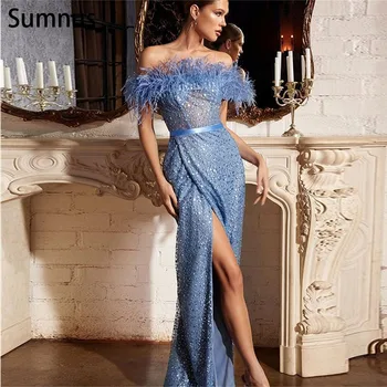 Sumnus Vintage Mavi Straplez Mermaid Abiye 2022 Kapalı Omuz Payetli Tüyler balo kıyafetleri Elbiseler De Soirée