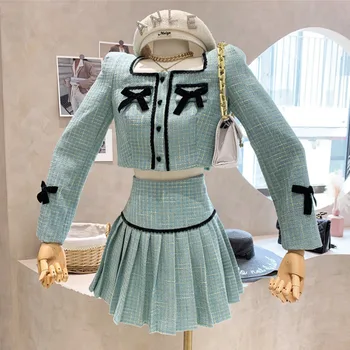 Küçük Koku Tüvit 2 Parça Set Kadın Yay Kısa Ceket Ceket + Etek Takım Elbise Kore Tatlı Kıyafetler Fransız Vintage İki Parçalı Setleri