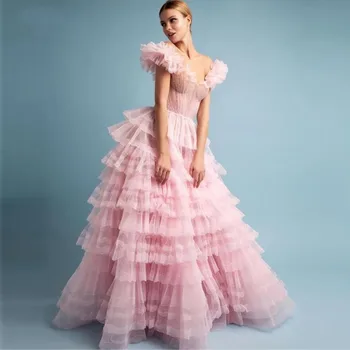 Pembe Tül Straplez Katmanlı Fırfır Kolsuz Örgün Düğün Balo Parti Elbise