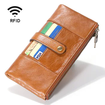Moda Hakiki Deri uzun cüzdan Erkekler RFID Çift Fermuarlı Cüzdan Büyük Faturaları Çanta Inek Derisi kart tutucu Kaliteli Çantalar