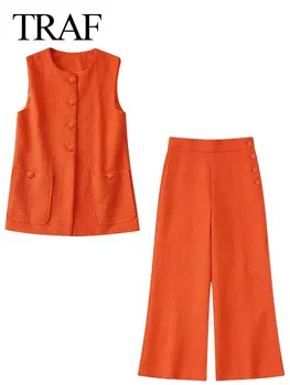 TRAF Moda Kadın Takım Elbise Düz Turuncu Kolsuz Yelek Blazer + Dokuz noktalı Pantolon Asimetrik Yan Çiçek Düğmeleri Geniş bacak Pantolon