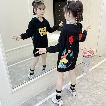 Kapşonlu Kız Tişörtü Bebek çocuk ceketi Kış Sonbahar Harfler Üst Kazak Uzun Tarzı Pamuk Çocuk Giyim