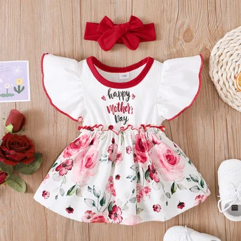 0-18 Ay Toddler Kız anneler Günü Elbise Uçan Kollu Çiçek ve Mektup Baskı Patchwork Elbise + Kırmızı Kafa Bandı
