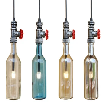 Yaratıcı şarap şişesi tarzı LED asılı ışık Retro su borusu cam otel kolye lamba endüstriyel Rüzgar Cafe Bar ev Dekor Lambası