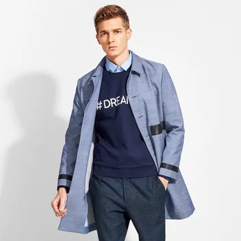 Marka Erkek Giyim Moda Bahar İngiltere Stil Erkekler Uzun Trençkot Tek Göğüslü Erkek Palto Ceketler Ceket Patchwork