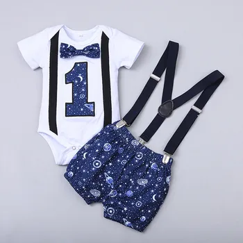 Yenidoğan Bebek Erkek Giysileri Beyefendi Bir yaşındaki Doğum Günü Romper Sapanlar Şort Kıyafetler Moda O-Boyun Elbise