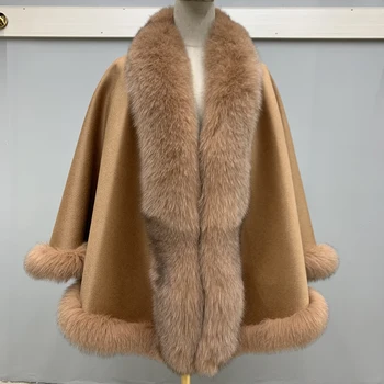 2022 Kış Yün Ceket Kadınlar İçin Yeni Yün Şal Yumuşak Doğal Tilki Kürk Yaka Pelerin Kürk Orta uzunlukta Palto Kadın Lüks Giysiler