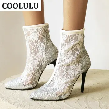 COOLULU Örgü yarım çizmeler Kadınlar için Glitter Patik Stiletto Yüksek Topuk Sivri Burun Dantel Çizmeler Kadın ayakkabıları Seksi Kışlık botlar