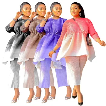 2022 Afrika Takım Elbise İki Parçalı Set Afrika Giysi Afrika Dashiki Moda Pilili Takım Elbise Üst Pantolon Elastik Parti Kadın Kıyafetleri