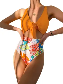 2022 Yeni Tek Parça Mayo Patchwork Yüksek Bel Monokini Ön Düğüm Seksi kadın bikini takımı Bodysuit Kadın Mayo Beachwear