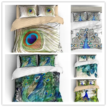 3D Tavuskuşu Tüyü baskı Yorgan yatak örtüsü seti Mavi mikrofiber yatak seti Çok Boyutlu Yatak Örtüsü Ev Tekstili