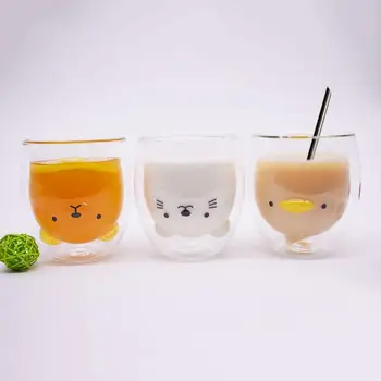 Yenilikçi sevimli hayvan cam kupalar karikatür ayı kedi ördek Yavrusu kahve süt kupalar çift katmanlı ısıya dayanıklı cam çay bardağı