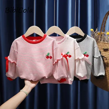 Uzun kollu kazak 2021 yeni kızlar kiraz nakış bluz çocuk pinstripe kazak kazak kadın bebek bahar 