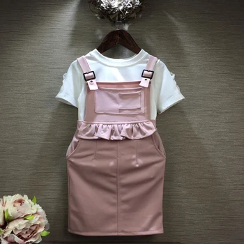 2016 İlkbahar Yaz Kore Adet Set Kız çocuk Kız Bebek Düz Renk Çizgisiz Üst Giysi İş Elbiseleri