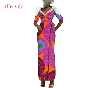 Kadınlar İçin afrika Elbiseler Ayak Bileği uzunlukta Baskı Düz Etek Kısa Kollu Ve V Yaka Akşam Parti Giyim Özel Boyut WY9234