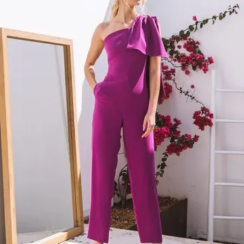 Zarif resmi giysi Seksi Moda Tulum kadın Yaz Tek omuz Asimetrik kadın Tulum İlmek Pantolon Uzun Vücut