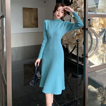 Kadın İnce Uzun Kollu Dip Elbise Bayanlar Örme Elbise Rahat Yarım Balıkçı Yaka Kazak Elbiseler Sonbahar Kış Vestidos