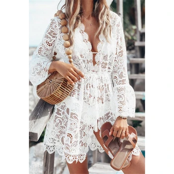 Kadınlar Boho Plaj Yaz Tatili Tatil Sundress Örgü Dantel Çiçek Playa Elbise Zarif Bayanlar uzun Kollu Beyaz tunik kaftan