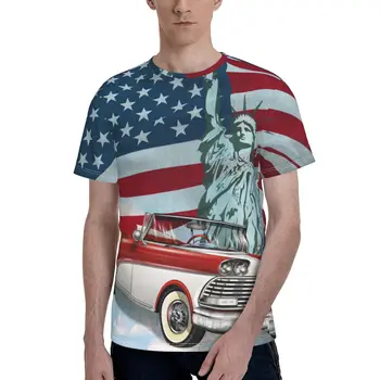 Sallayarak ABD Bayrağı Ve Retro Araba Moda T-shirt Erkekler 2021 Yaz Ekip Boyun erkek Tişört Tee Gömlek