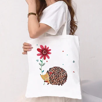 Karikatür Çiçek kirpi alışveriş çantası Bayan Moda alışveriş çantası Çanta Büyük Tote Çanta Kullanımlık Eko Kadın Alışveriş Çantaları 2022