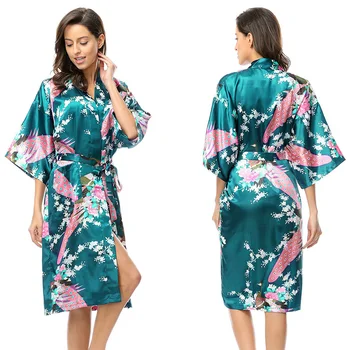 Kadın Yaz İpek Saten Elbise Uzun Şal Kimono Kapak - up Çiçek Baskılı Pijama Gecelik Gelin Elbiseler Nedime için