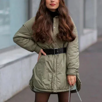 Ordu Yeşil Kadınlar Uzun Parkas Ceket 2021 İlkbahar-Sonbahar Bayanlar Su Geçirmez Pamuk Yastıklı Ceketler Vintage Kadın Chic Coats Tops