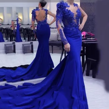 2019 Kraliyet Mavi Bir Langarm Resmi Mermaid Balo Abiye Parti Elbiseler Vestido Longo Festa