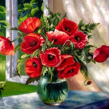 Kırmızı Çiçek Vazo Çiçek Oturma Odası Elmas Nakış 5D Elmas Boyama Çapraz Dikiş Yüksek Kaliteli Mozaik Elmas Ev Dekor