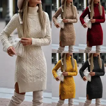 Kadınlar Zarif Sonbahar Kış Örme Kazak Elbise Casual Bayanlar Katı Renk Uzun Kollu Balıkçı Yaka Bölünmüş Bodycon Elbise