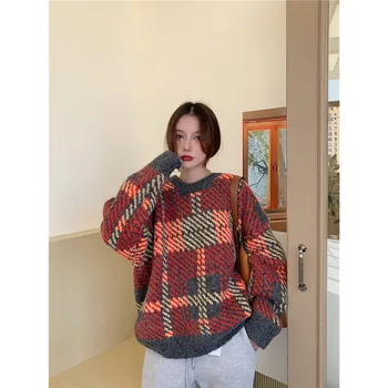 Kış Kore moda kadın jumper Harajuku Patchwork vintage Ekose Örgü kazak Kadın Streetwear Gevşek Kazak Giyim tops
