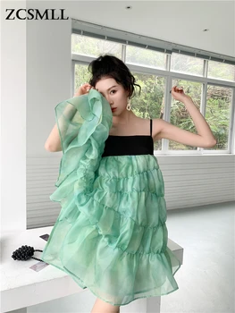 ZCSMLL Batik Patchwork Tül Balo Elbise Kadınlar İçin 2022 Yaz Yeşil Backless Sundress Tasarımcı Katmanlı Kayma Elbise