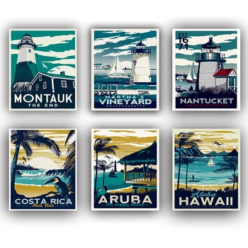 Yeni Stil 6 Adet Seyahat Posteri Plaj Deniz Feneri Yelkenli Tekne Köprü Manzara parlak Fotoğraf Kağıdı HD Baskı Duvar Sticker Dekor