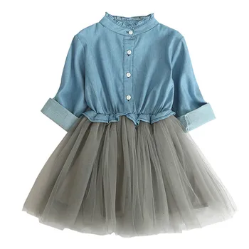 Kızlar Denim Örgü Elbise Bahar Sonbahar Parti Elbise Çocuk Uzun Kollu Rahat Giyim Bebek Kız Çocuk Moda Kıyafet 3-7Year