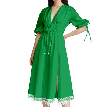 Kadın Zarif Elbise Petal Kollu Yüksek Bel Dantel Midi Elbise Dashiki Kıyafetler Ankara Kıyafetleri Saf Pamuk evaze elbise A2125037