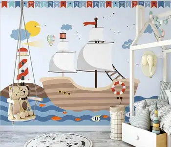 Özel Yelkenli gemi karikatür duvar kağıdı çocuk odası için duvar tablosu duvar kağıtları Oturma Odası TV Kanepe Çalışma Klasik Ev Dekor