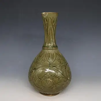 4 Antik SongDynasty porselen vazo, Yue Fırın yeşil sır petal şakayık şişe, el boyalı sanatları, Dekorasyon, toplama ve Süsleme
