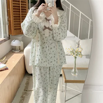 Retro Çiçek V Yaka Uzun kollu Pijama Takım Elbise Dantel Yay Dekorasyon Kawaii Ev Giysileri kadın Rahat Gevşek Pijama Sonbahar D552