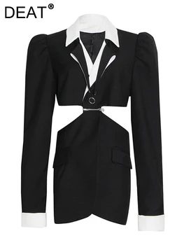 DEAT Moda kadın Blazer Çentikli Tek Düğme Puf Kollu Panelli Patchwork Hollow Out Takım Elbise Ceketleri Bahar 2023 Yeni 17A2439