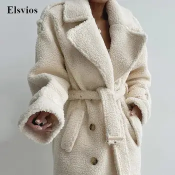 Moda Kaşmir Polar Kış Sıcak Uzun Ceket Zarif Turn-aşağı Yaka Kruvaze Palto Rahat Uzun Kollu Kemer Dış Giyim