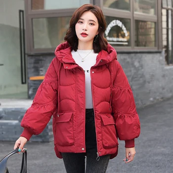Pamuk Yastıklı Ceket Kadın Gevşek Kore Moda Katı Kapşonlu Parkas Kadınlar 2022 Kış Casual Kalınlaşmak Sıcak Dış Giyim Kadın LD2662