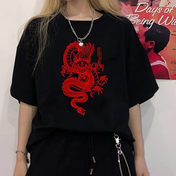 2022 Kadın T-shirt Vintage Çin Ejderha Baskı Kısa Kollu Gömlek Kadın Streetwear Harajuku Yaz O-Boyun Kadın Giysileri Üstleri
