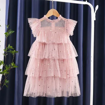 2022 Yeni Bebek Kız Elbise Dantel Beş Yıldız Sequins Toddler yaz giysileri çocuk Balo Elbise Pembe Parti Çocuk Giysileri,#5931