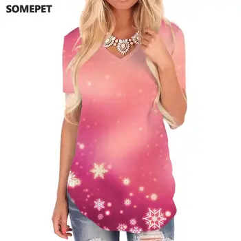 SOMEPET Noel T Shirt Kadın Kar Tanesi Tişörtleri Baskılı Desen Komik T Shirt Psychedelic V Yaka Tişört Bayan Giyim